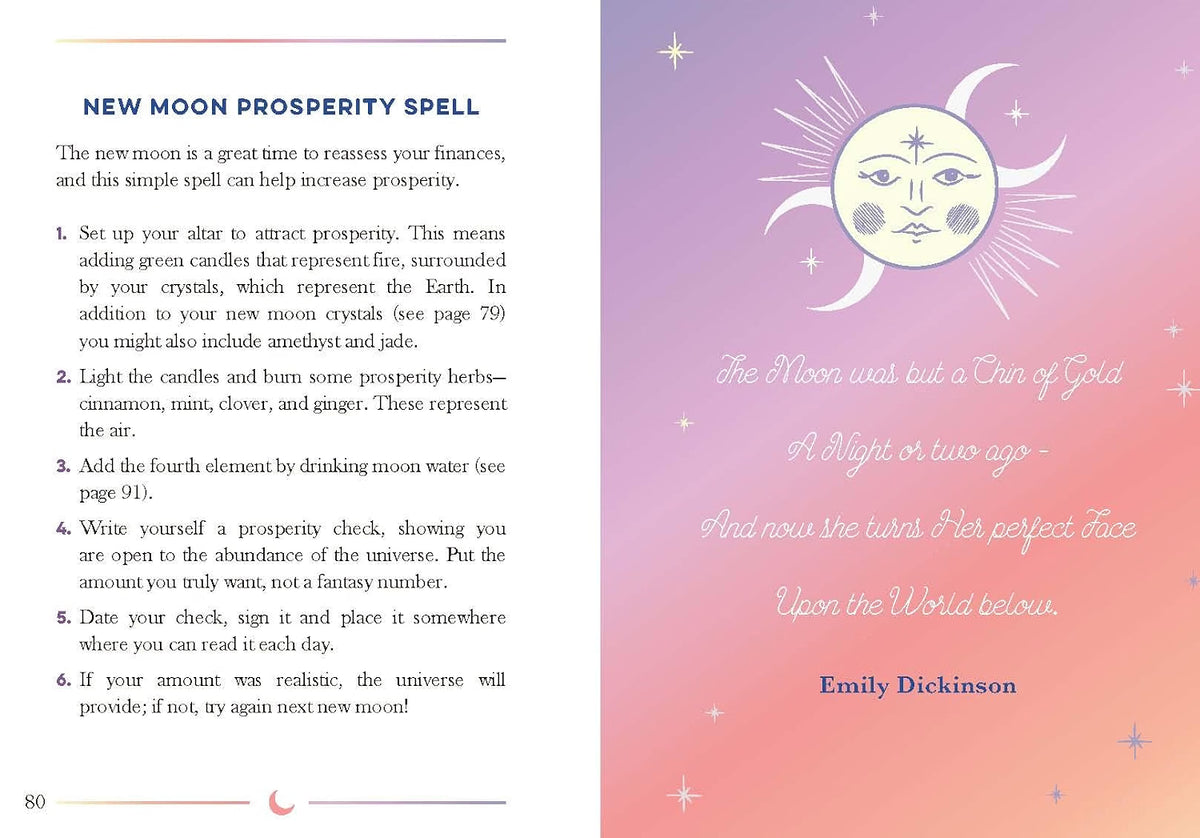 A two-page spread from a book or booklet about a 'New Moon Prosperity Spell,' with text on the left page and a decorative celestial illustration on the right page over a pink-to-purple gradient background.