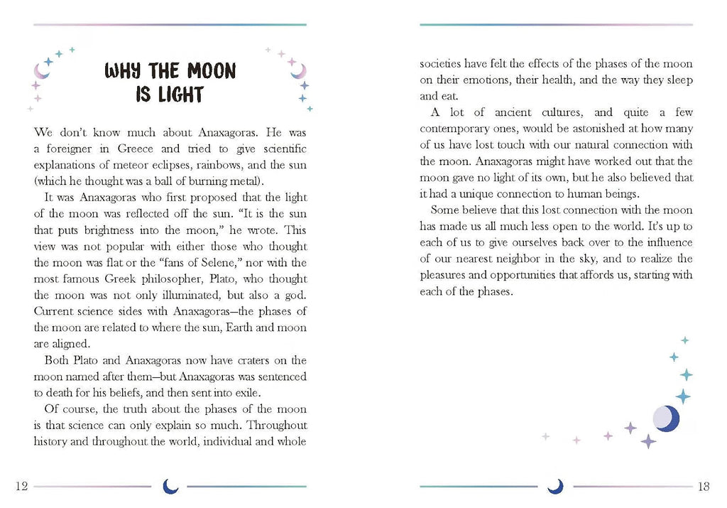 A two-page spread of a book or booklet discussing the moon and light, with black text on a white page and small blue star illustrations. The title at the top reads 'WHY THE MOON IS LIGHT'.