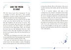 A two-page spread of a book or booklet discussing the moon and light, with black text on a white page and small blue star illustrations. The title at the top reads 'WHY THE MOON IS LIGHT'.
