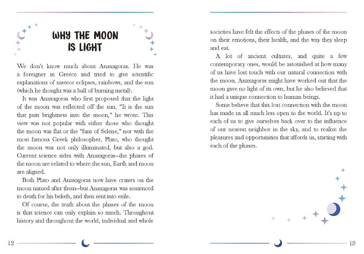 A two-page spread of a book or booklet discussing the moon and light, with black text on a white page and small blue star illustrations. The title at the top reads 'WHY THE MOON IS LIGHT'.