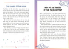 A two-page educational worksheet about the phases of the moon, featuring black text on white pages with decorative pink and blue borders and star accents.