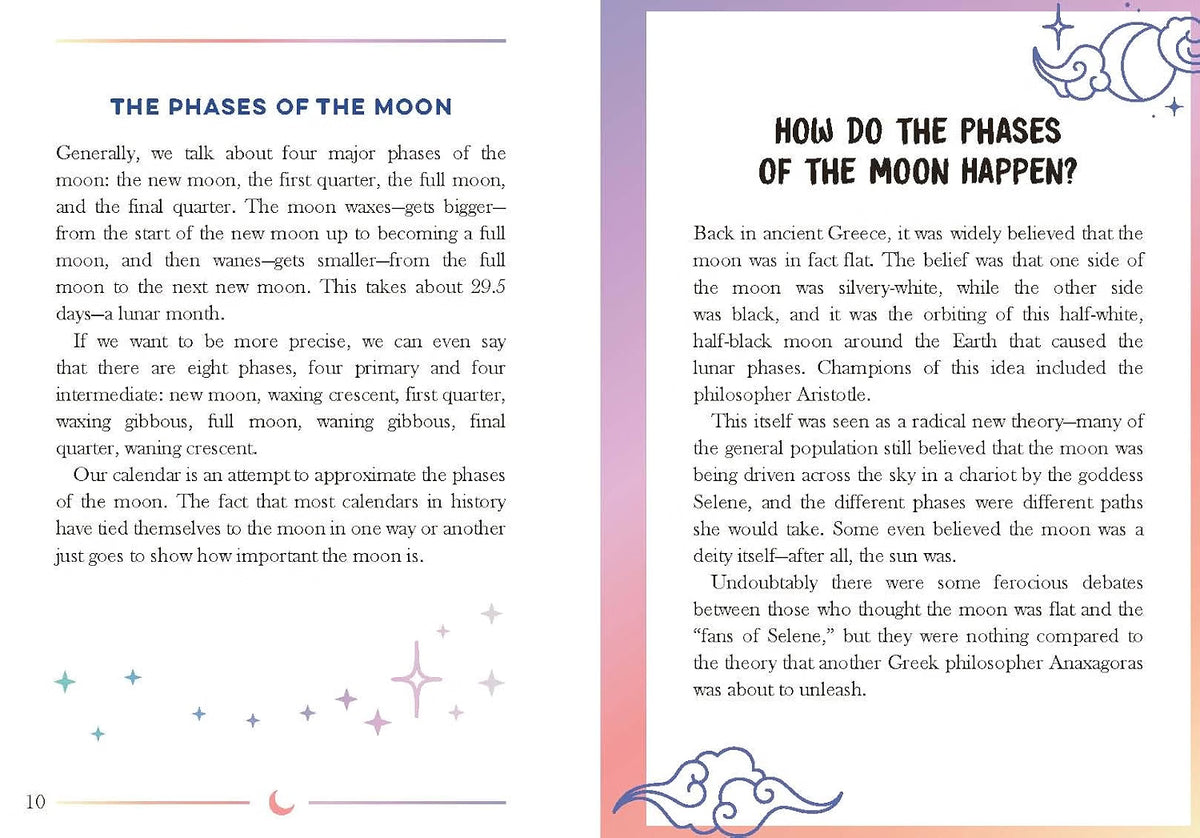 A two-page educational worksheet about the phases of the moon, featuring black text on white pages with decorative pink and blue borders and star accents.