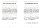 A printed informational page with two columns of text titled 'WHAT IS THE MOON MADE OF?' and 'THE FORMATION OF THE MOON,' plus a small wavy line drawing near the bottom, on a white page with page numbers 8 and 9.