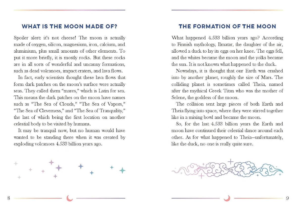A printed informational page with two columns of text titled 'WHAT IS THE MOON MADE OF?' and 'THE FORMATION OF THE MOON,' plus a small wavy line drawing near the bottom, on a white page with page numbers 8 and 9.