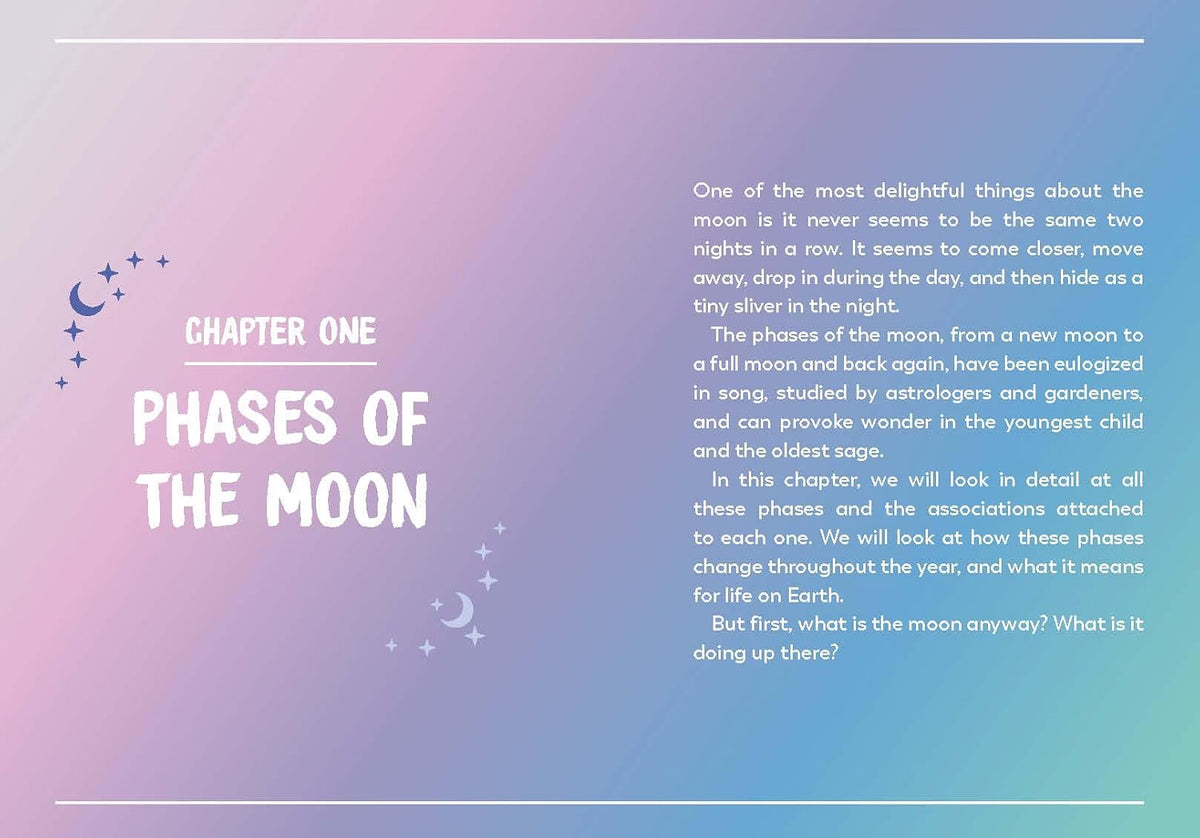 A digital preview of a book or document cover titled 'CHAPTER ONE PHASES OF THE MOON' with a soft pastel gradient background transitioning from pink and lavender to blue and purple. The left side features decorative white text and small white moon and star illustrations, while the right side contains a block of black explanatory text.