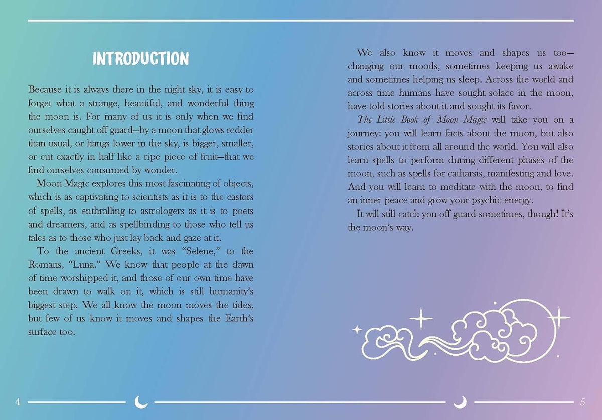 A square art print featuring a light blue background with black text on the left and right sides, a central white illustration of a crescent moon and stars, and the word 'INTRODUCTION' in blue at the top left.