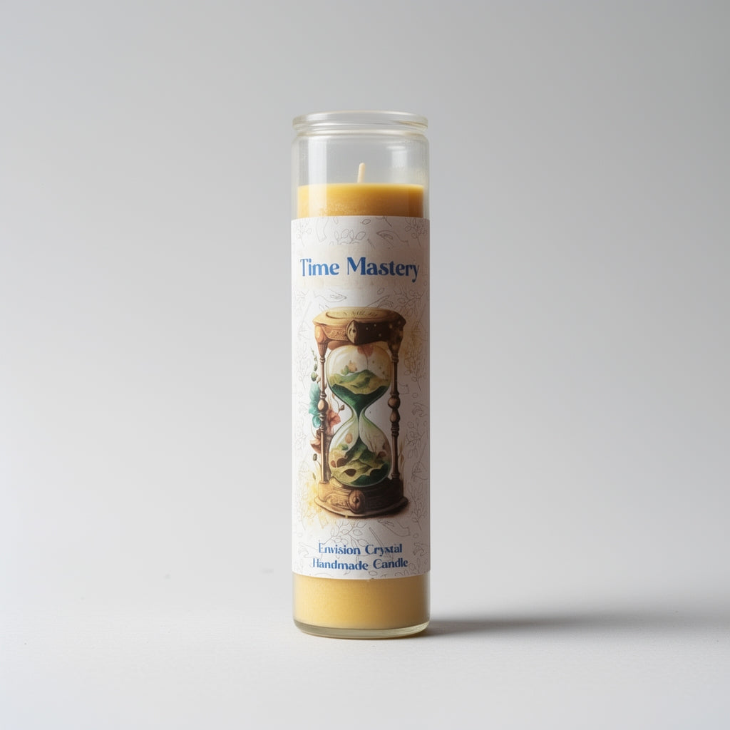 Candle with a label titled 'Time Mastery' on a gray background
