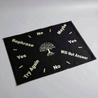 Black cloth with white text and a tree design on a gray background
