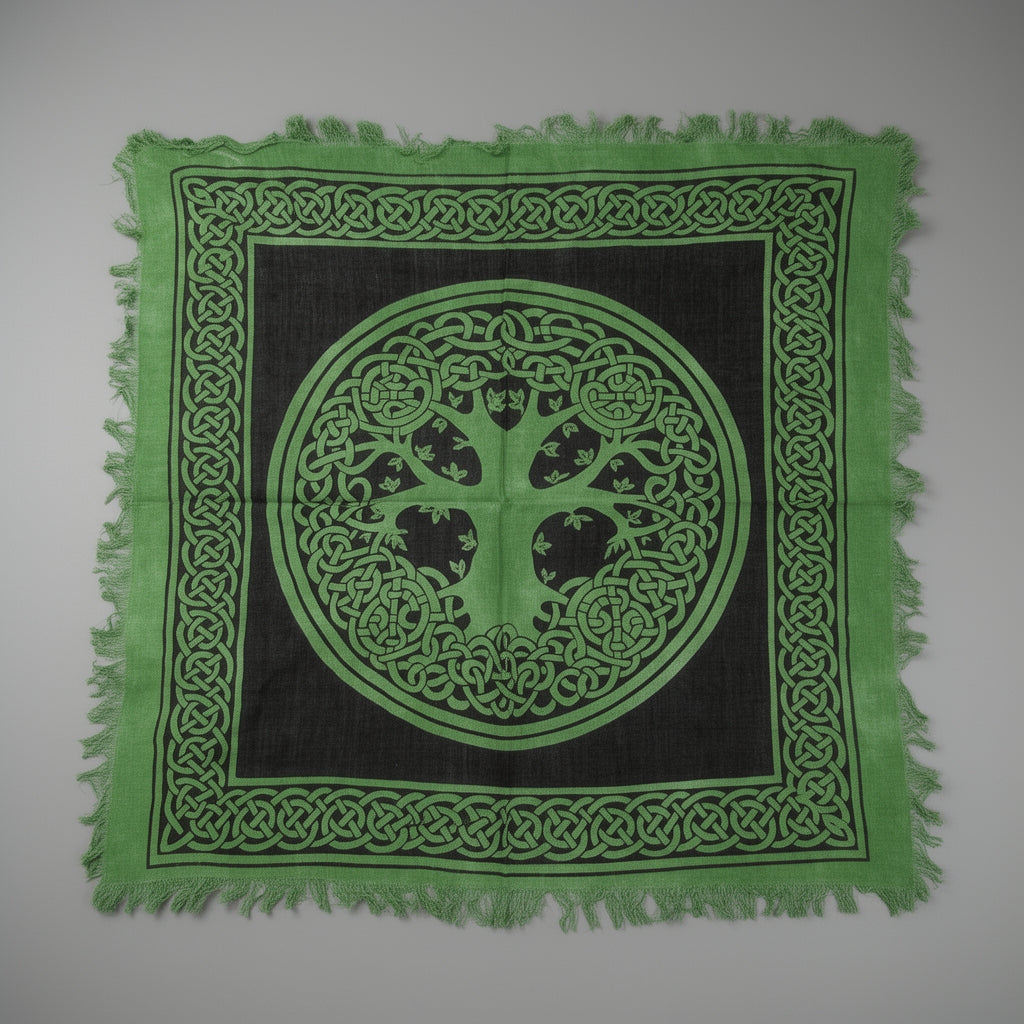 Green and black square cloth with Celtic knot design and tree of life symbol on a white background