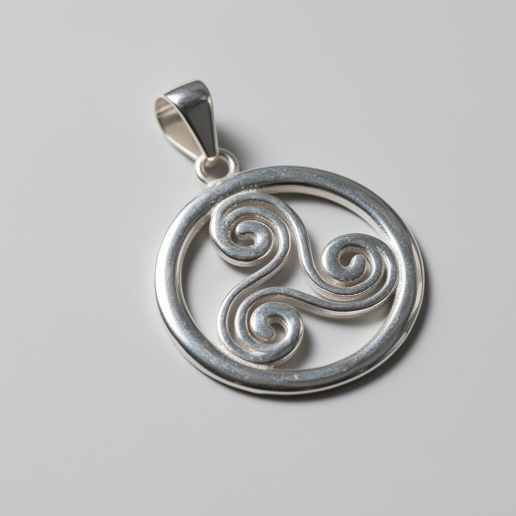Silver pendant with a spiral design on a gray background
