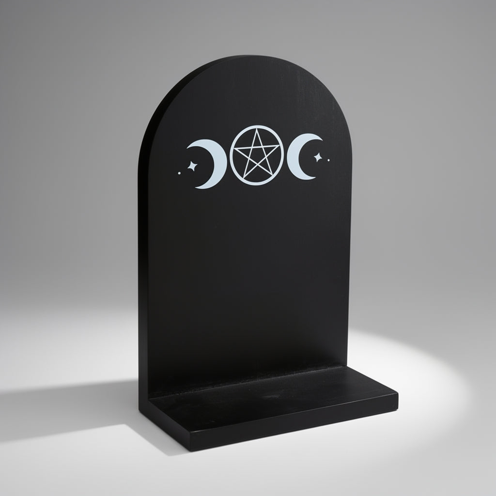 A black incense burner with white moon and pentacle design on a gray background