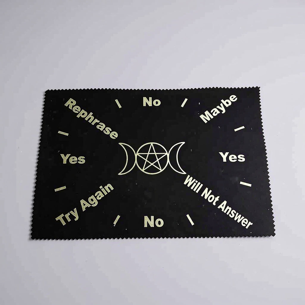 Black cloth with white text and symbols on a gray background