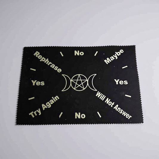 Black cloth with white text and symbols on a gray background