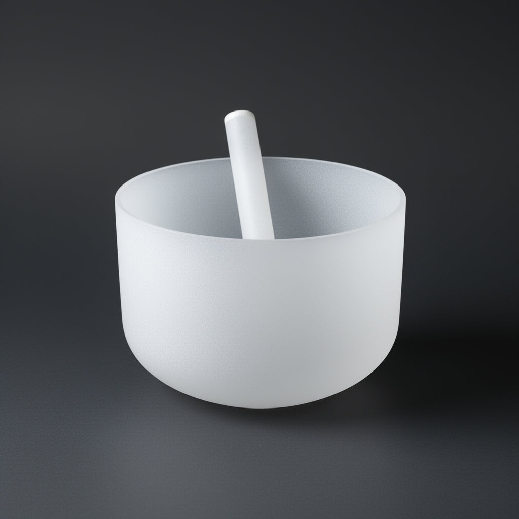 White bowl with a white sounding mallet on a dark gray background
