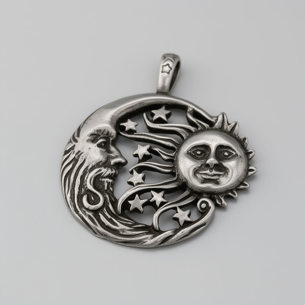 Silver pendant with moon, sun, and star design on a gray background