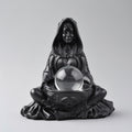 Black figurine of a hooded figure with a crystal ball on a gray background