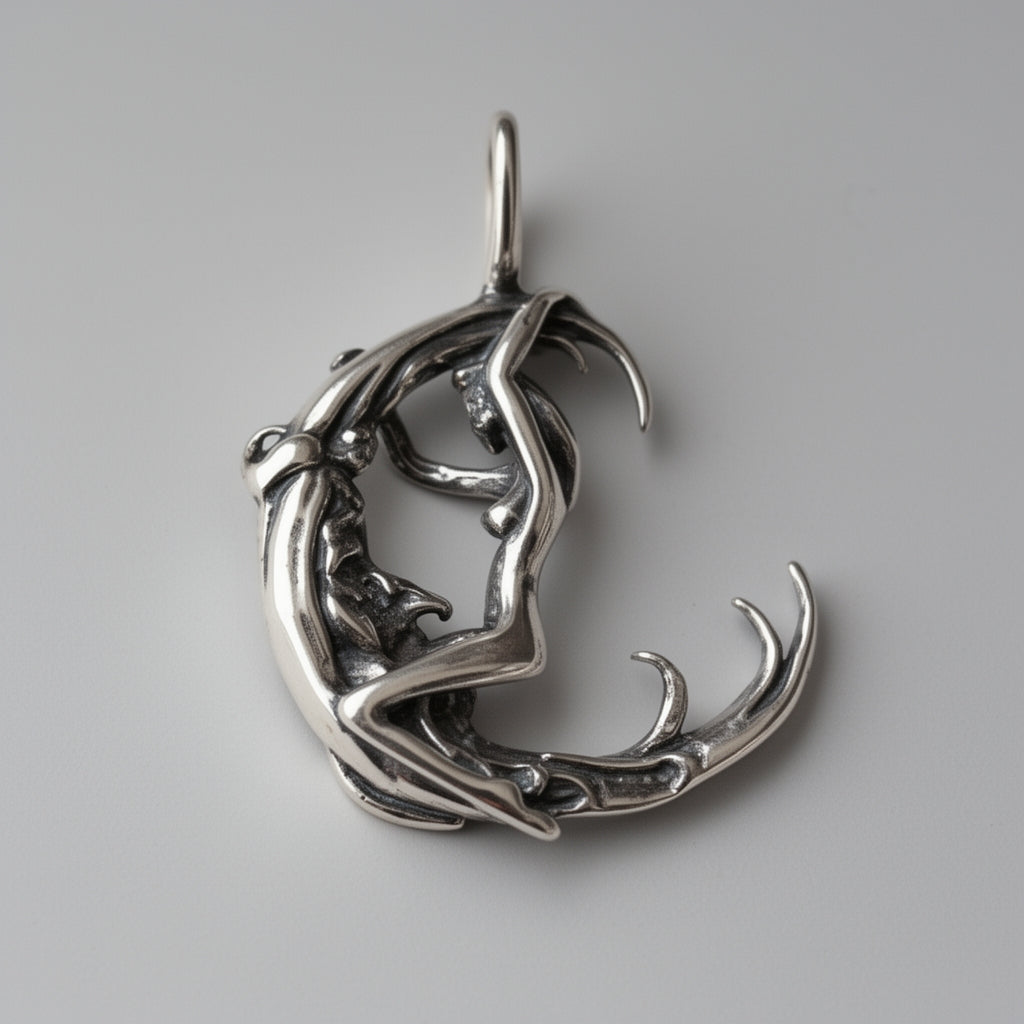 Woman riding moon pendant on a gray background