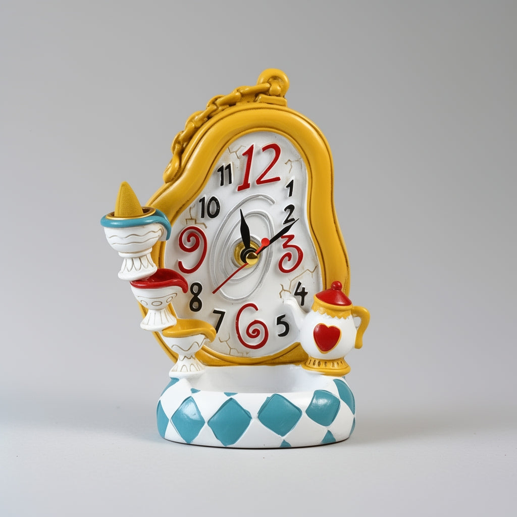 Decorative clock with a yellow frame and blue base on a gray background