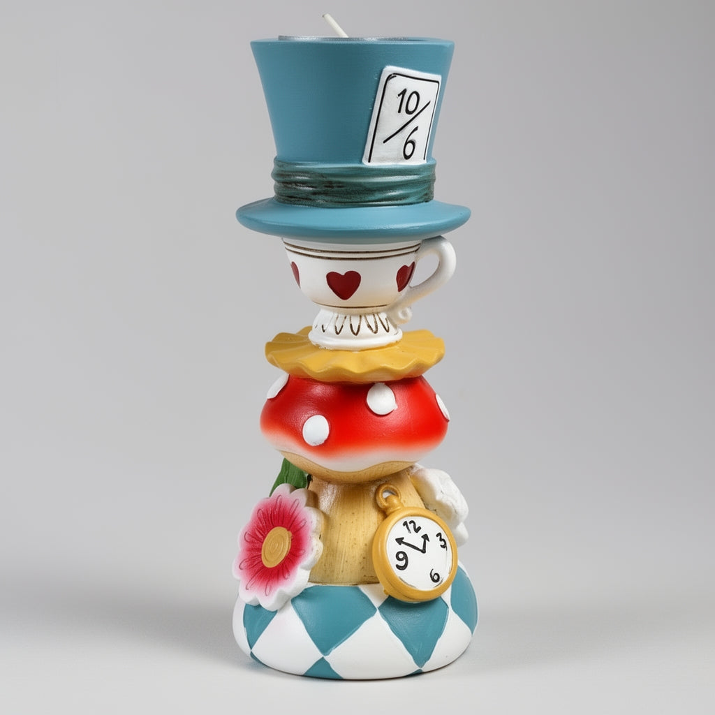 Colorful ceramic figurine with a blue top hat and checkered base on a gray background