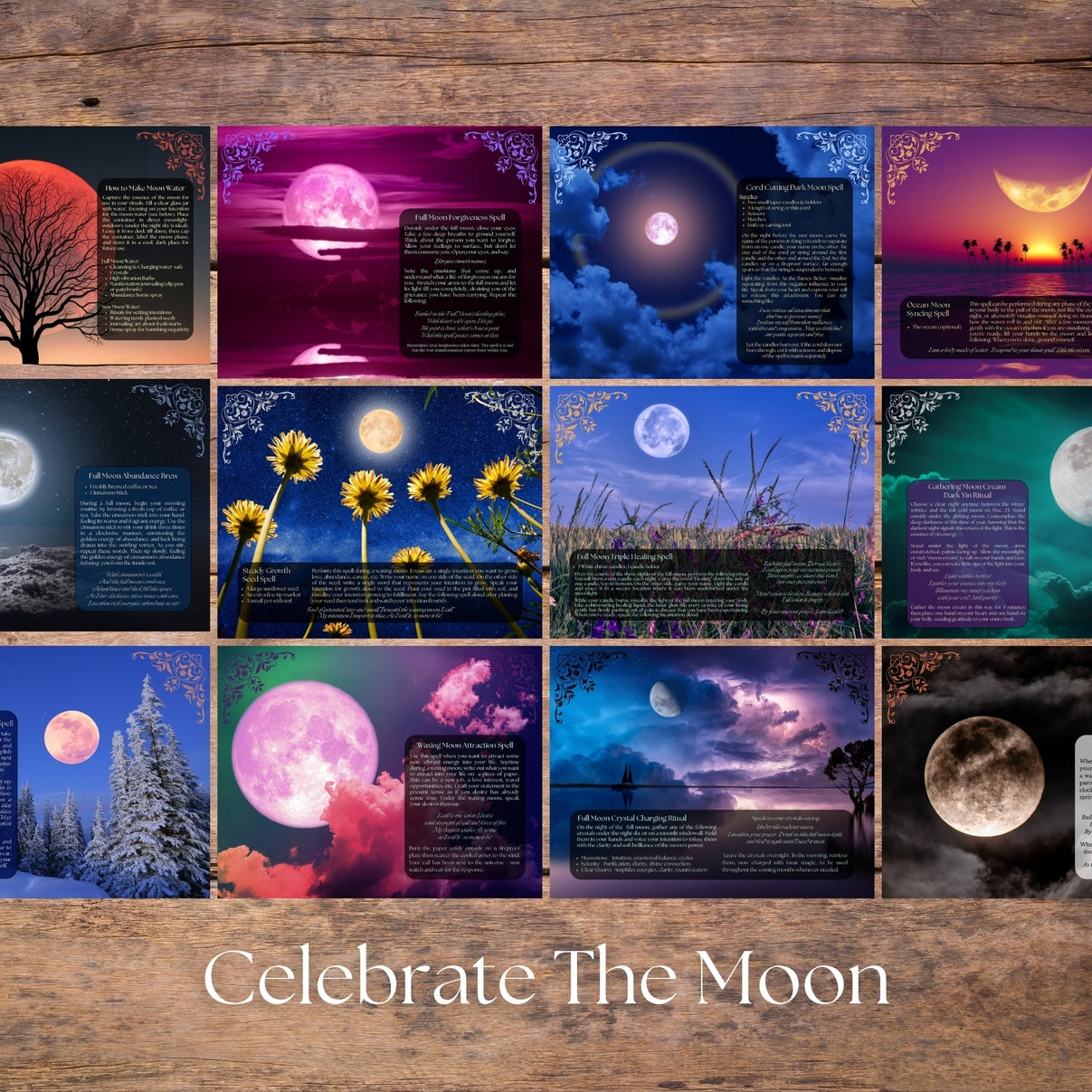 Collage of moon-themed images with text on a wooden background, featuring the text 'Celebrate The Moon'.
