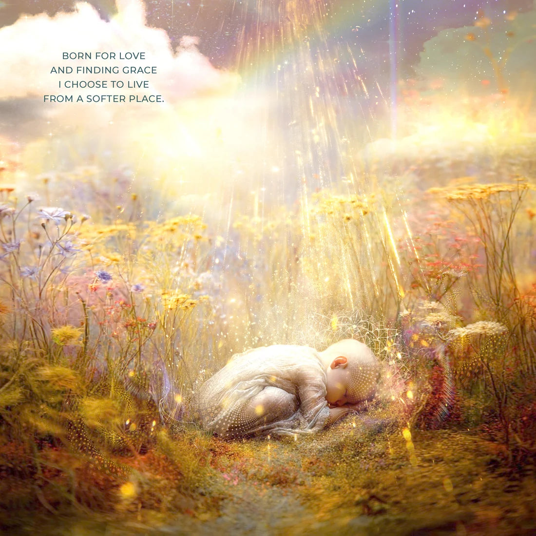 A soft, dreamy artwork showing a sleeping white bird resting in a field of wildflowers under a glowing rainbow and sunbeams. Small text in the upper left reads, 'BORN FOR LOVE AND FINDING GRACE I CHOOSE TO LIVE FROM A SOFTER PLACE.