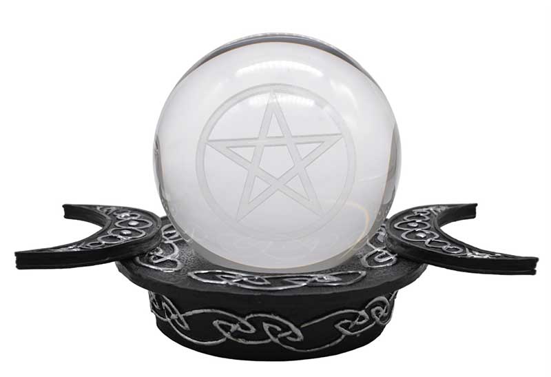 Etched Pentagram Gazing Ball on Triple Moon Base