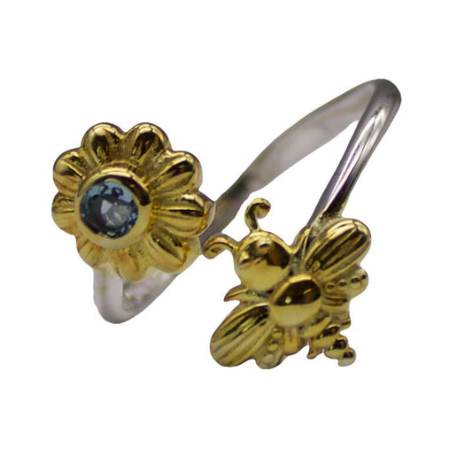 Bee and Flower Ring with Blue Topaz